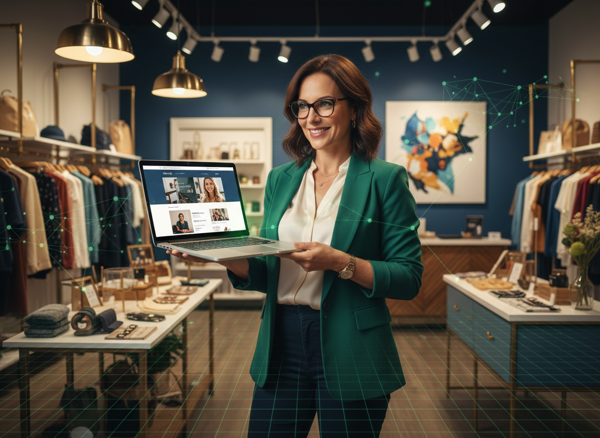 Business owner reviewing a website on a laptop in her boutique